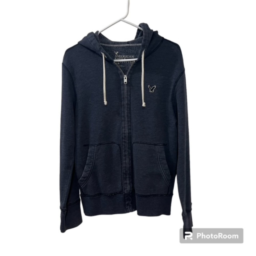 American Eagle Outfitters Blue Gray Full Zip Drawstring LS Hoodie Sweater Sz S/P